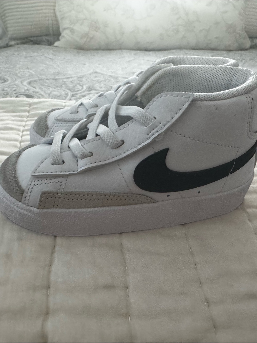 Nike Kids White High-Top Sneakers with Black Swoosh and Gray Accents